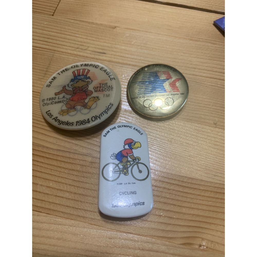 Vintage 1984 Los Angeles Olympics Sam the Eagle Pin Set Lenticular Cycling Gold